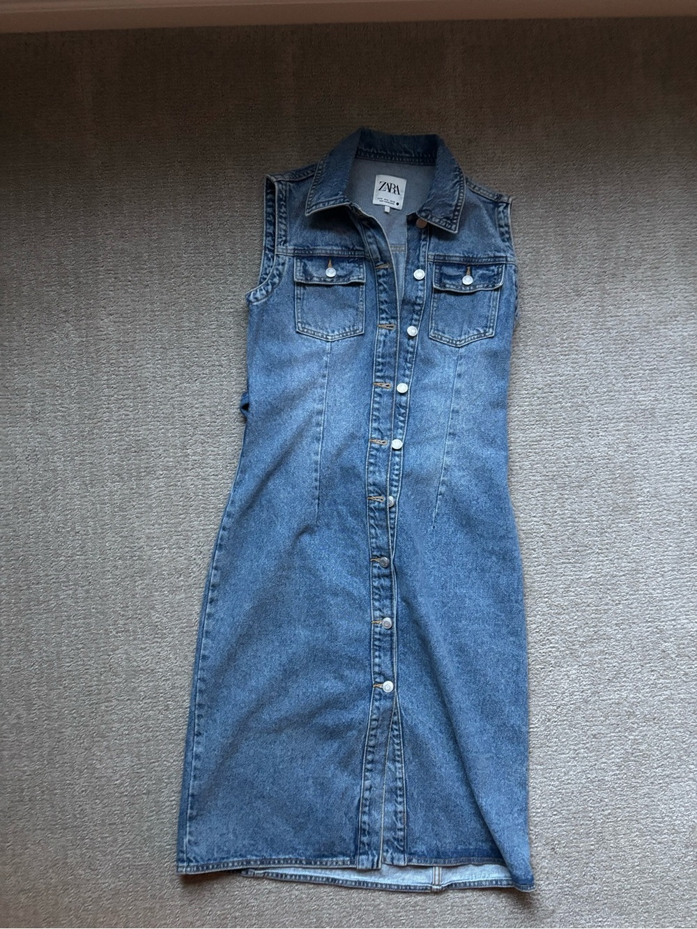 Zara Mid-Length Blue Denim Button-Front Dress